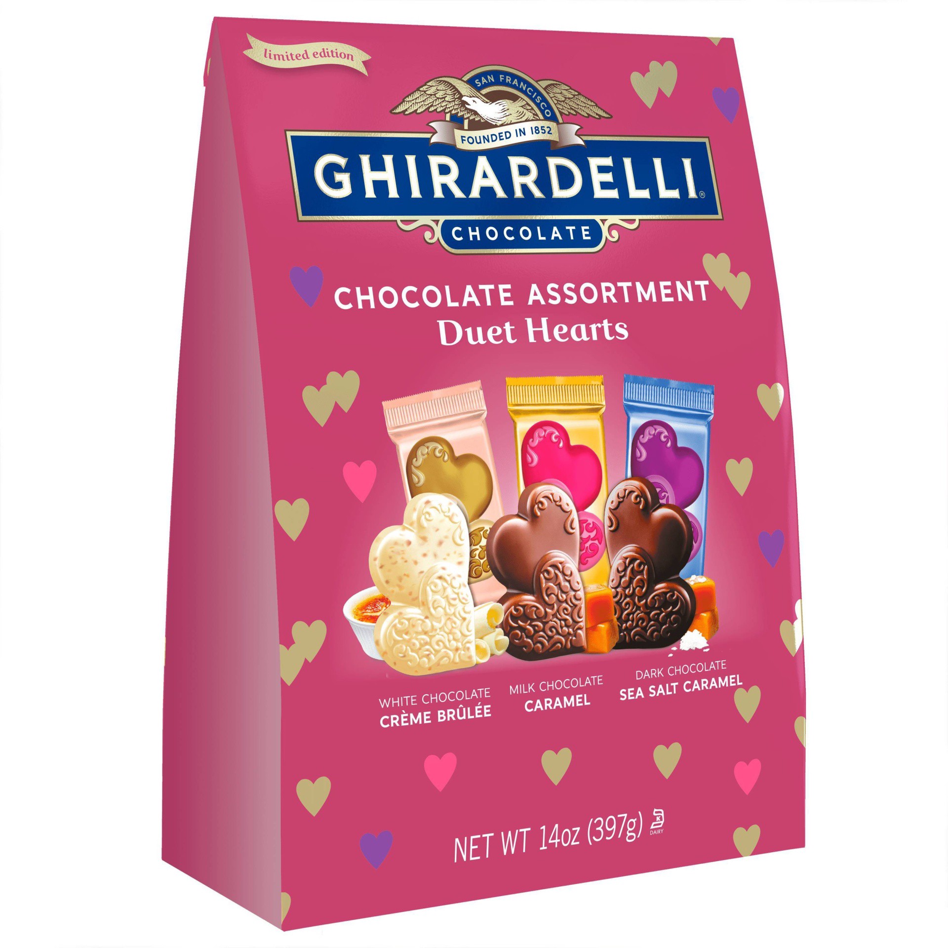 slide 1 of 4, Ghirardelli Valentine's Chocolate Assortment Duet Hearts Bag, 14 oz