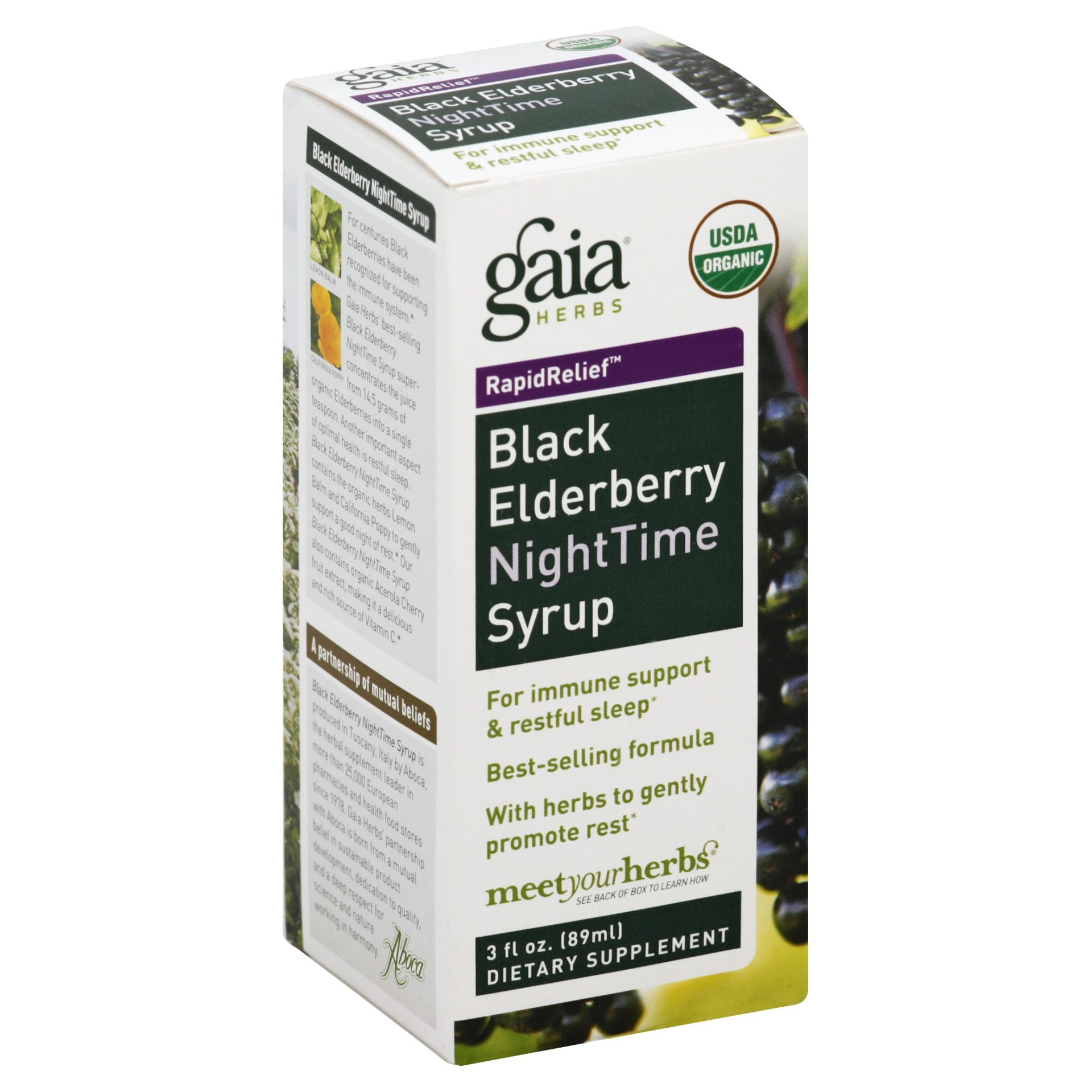 slide 1 of 1, Gaia Herbs Rapid Relief Black Elderberry Nighttime Syrup, 3 oz