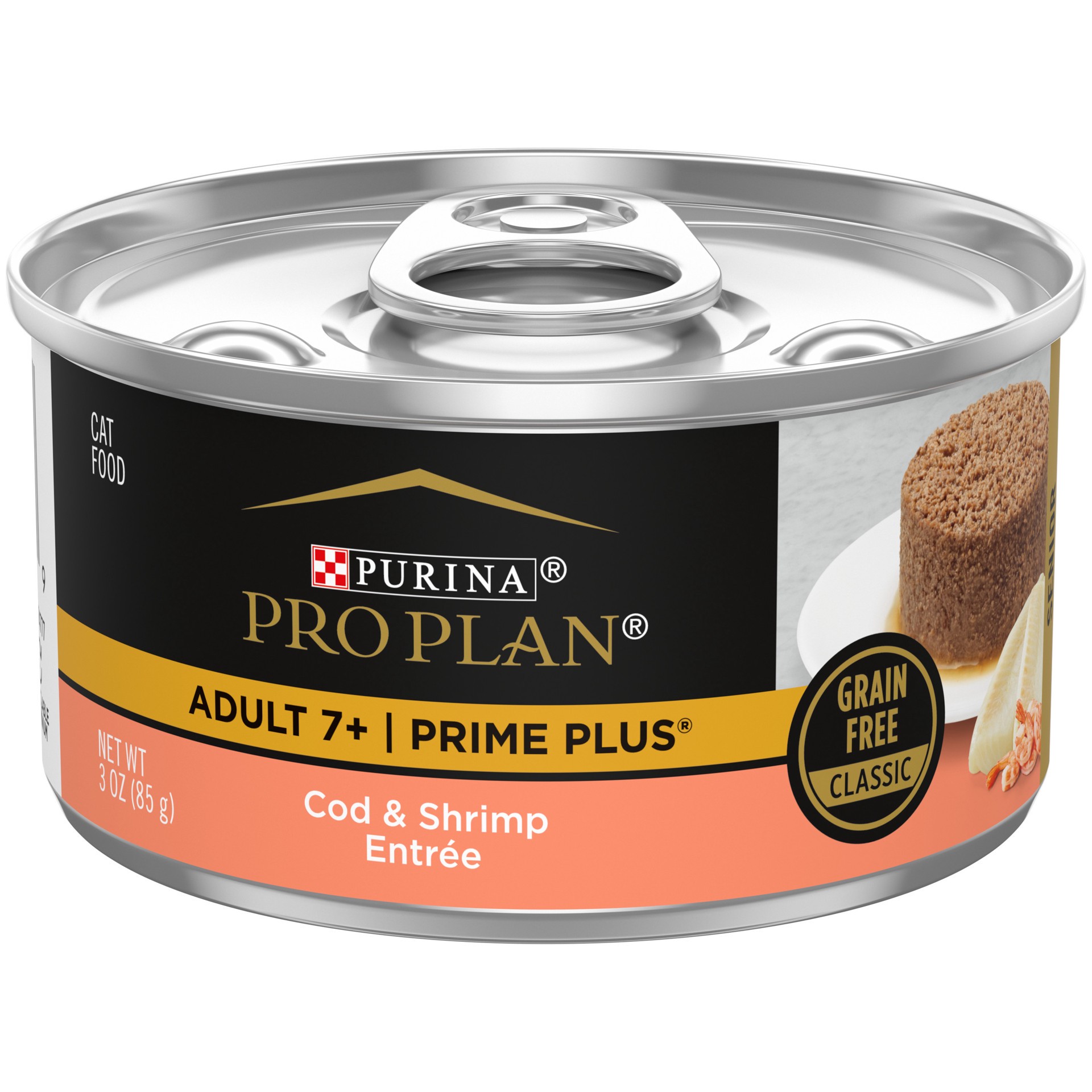 slide 1 of 7, Purina Pro Plan Grain Free Senior Wet Cat Food Pate, SENIOR Prime Plus Cod & Shrimp Entree, 3 oz