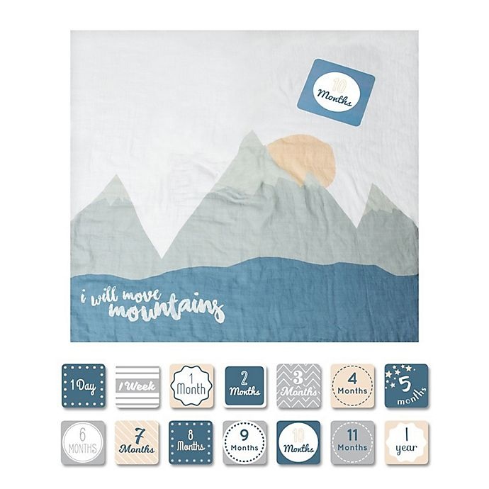 slide 1 of 4, Lulujo Baby Move Mountains'' Muslin Swaddle Blanket and Cards Set - White/Multicolor'', 1 ct