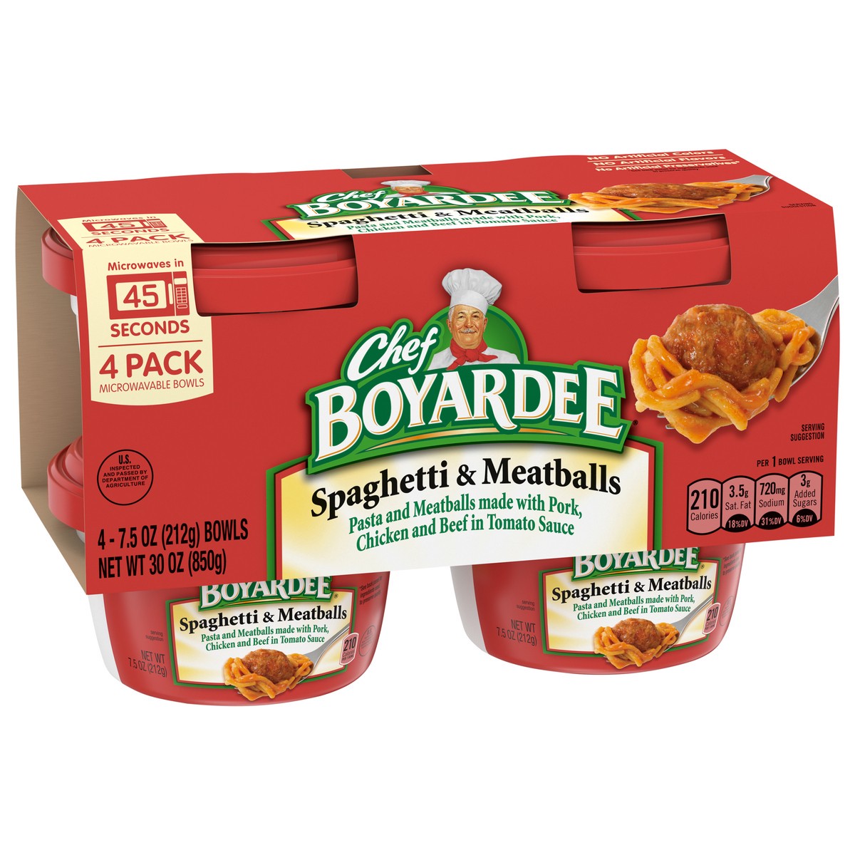 slide 8 of 8, Chef Boyardee Spaghetti and Meatballs in Tomato Sauce, Microwavable Meal, 7.5 oz. Bowl , 4-Count, 7.5 oz