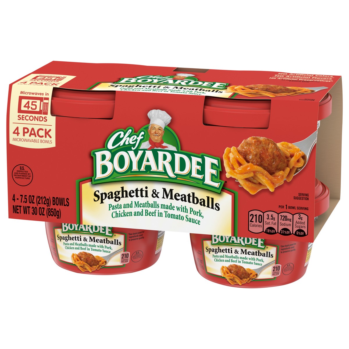 slide 3 of 8, Chef Boyardee Spaghetti and Meatballs in Tomato Sauce, Microwavable Meal, 7.5 oz. Bowl , 4-Count, 7.5 oz
