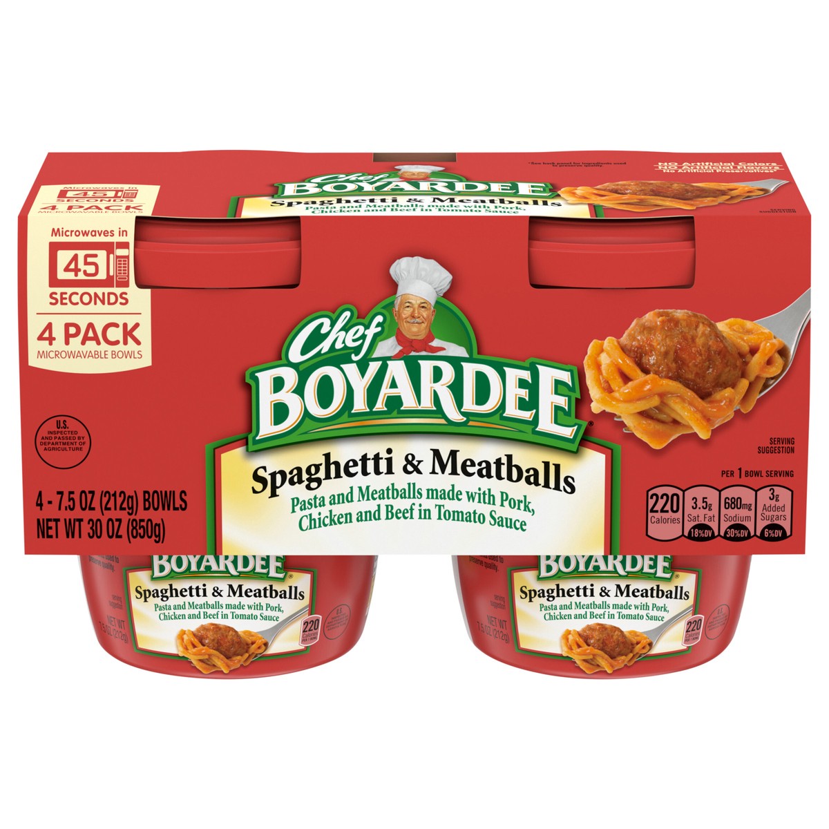 slide 1 of 8, Chef Boyardee Spaghetti and Meatballs in Tomato Sauce, Microwavable Meal, 7.5 oz. Bowl , 4-Count, 7.5 oz