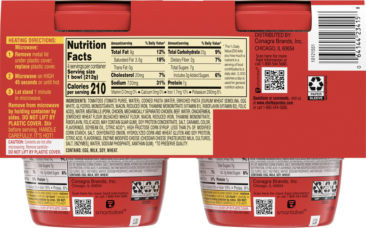 slide 5 of 8, Chef Boyardee Spaghetti and Meatballs in Tomato Sauce, Microwavable Meal, 7.5 oz. Bowl , 4-Count, 7.5 oz