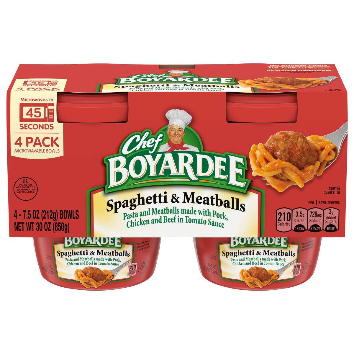 slide 7 of 8, Chef Boyardee Spaghetti and Meatballs in Tomato Sauce, Microwavable Meal, 7.5 oz. Bowl , 4-Count, 7.5 oz