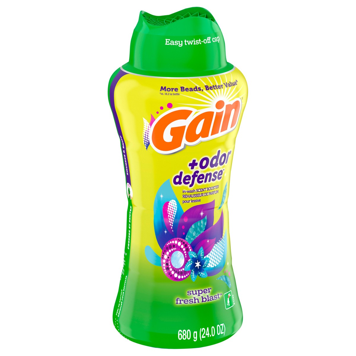 slide 2 of 4, Gain + Odor Defense In-Wash Scent Booster, Super Fresh Blast Scent, 24 oz, HE Compatible, 24 oz