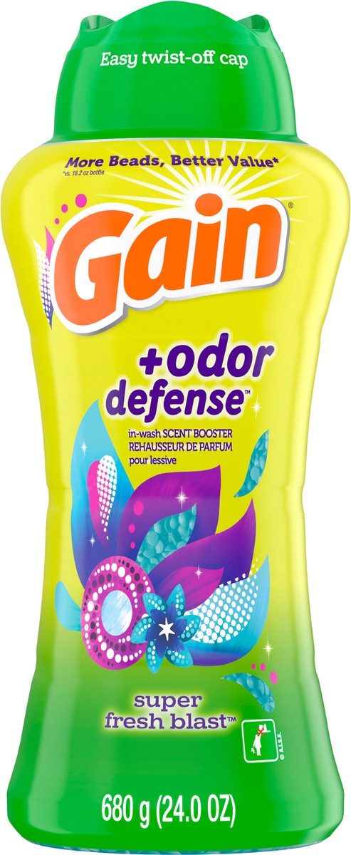 slide 3 of 4, Gain + Odor Defense In-Wash Scent Booster, Super Fresh Blast Scent, 24 oz, HE Compatible, 24 oz