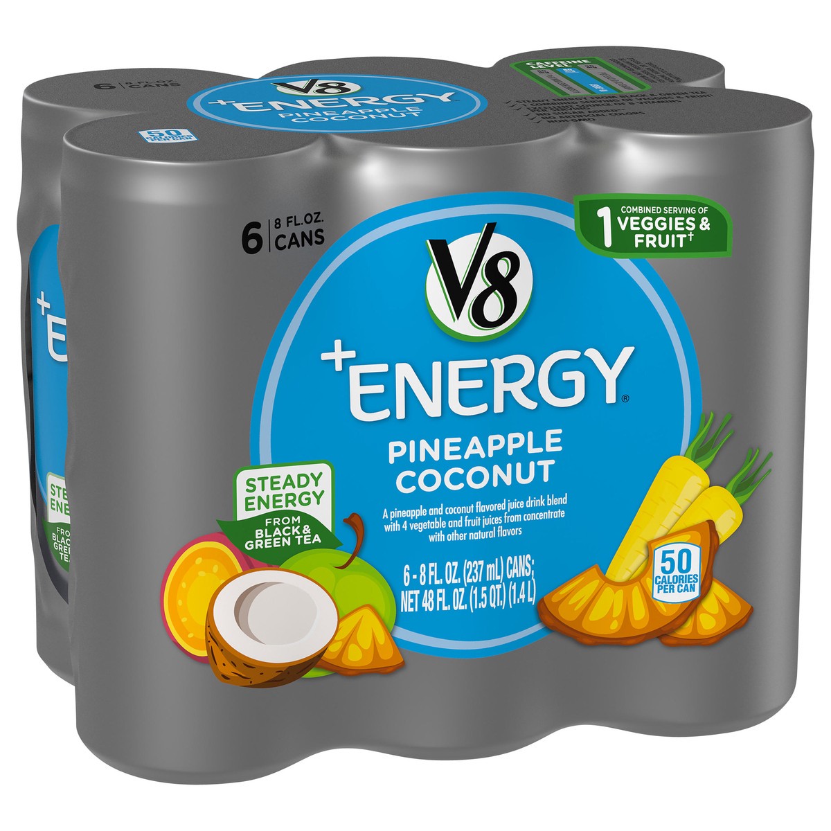 slide 2 of 9, V8 +Energy, Healthy Energy Drink, Natural Energy from Tea, Pineapple Coconut, 8 Ounce Can (Pack of 6), 48 oz