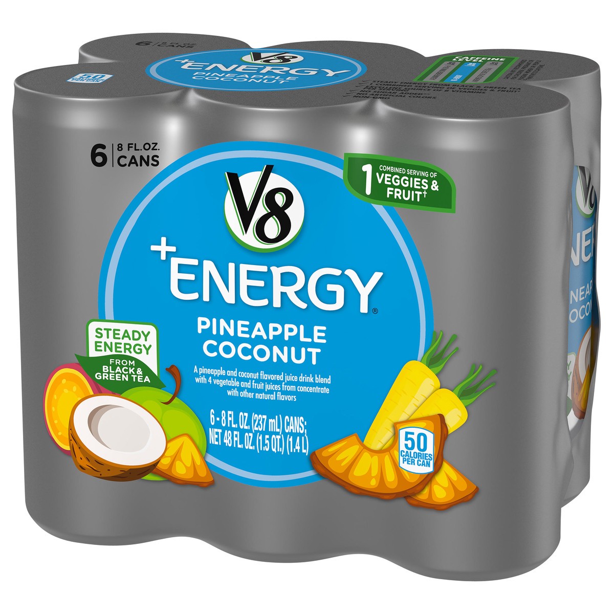 slide 3 of 9, V8 +Energy, Healthy Energy Drink, Natural Energy from Tea, Pineapple Coconut, 8 Ounce Can (Pack of 6), 48 oz