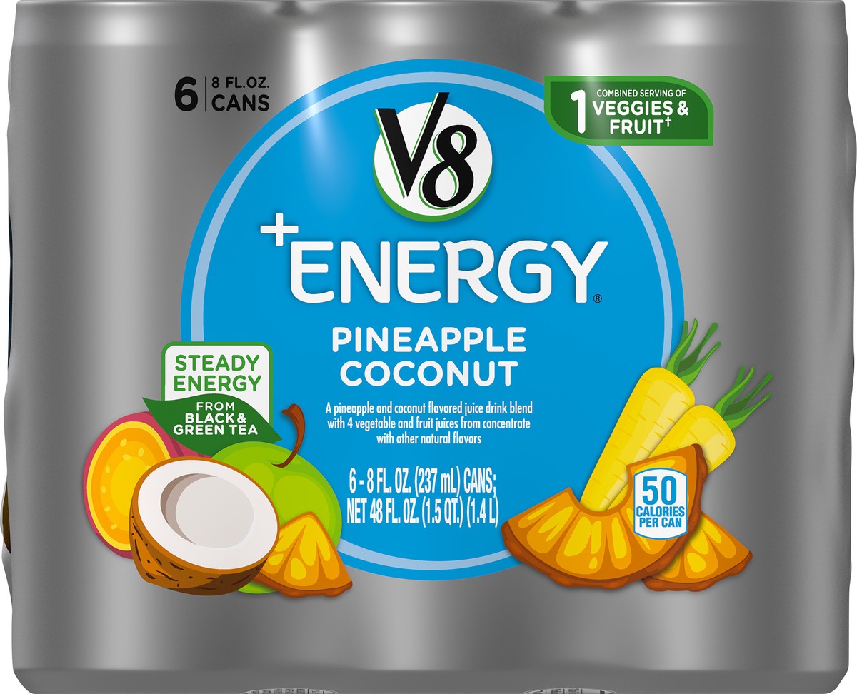 slide 5 of 9, V8 +Energy, Healthy Energy Drink, Natural Energy from Tea, Pineapple Coconut, 8 Ounce Can (Pack of 6), 48 oz