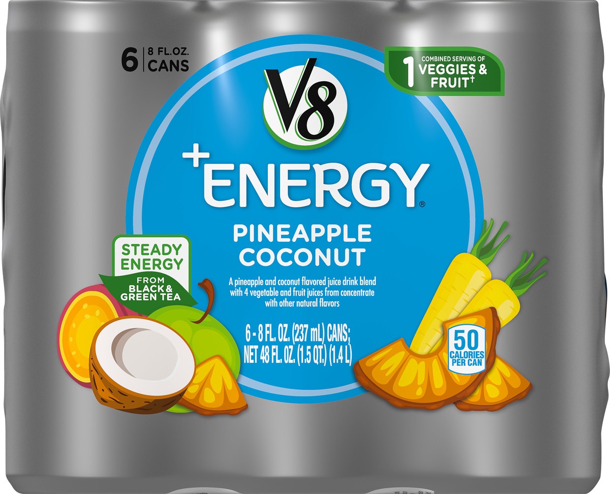 slide 6 of 9, V8 +Energy, Healthy Energy Drink, Natural Energy from Tea, Pineapple Coconut, 8 Ounce Can (Pack of 6), 48 oz
