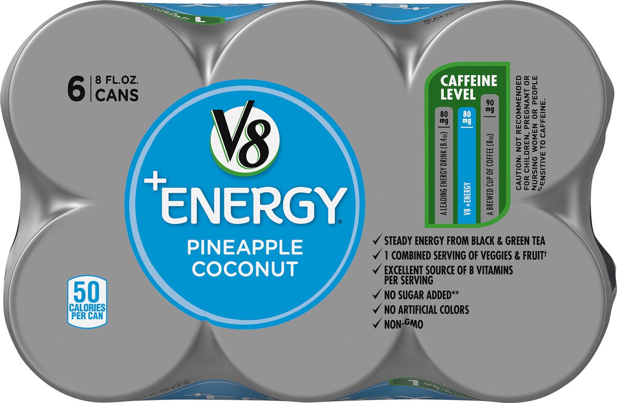 slide 9 of 9, V8 +Energy, Healthy Energy Drink, Natural Energy from Tea, Pineapple Coconut, 8 Ounce Can (Pack of 6), 48 oz