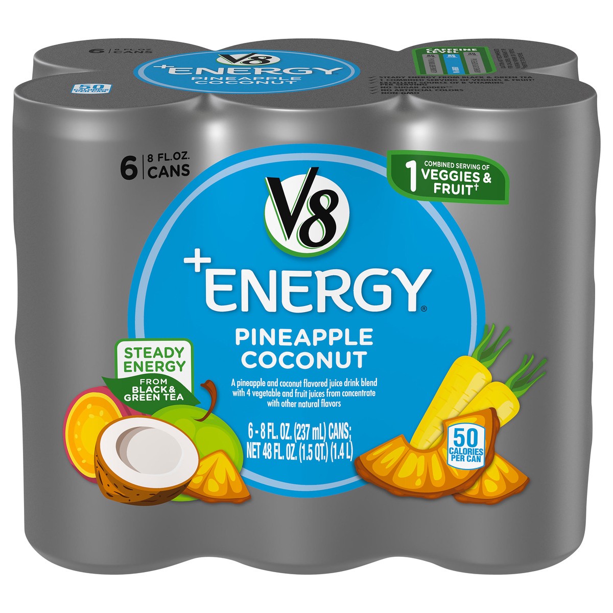 slide 1 of 9, V8 +Energy, Healthy Energy Drink, Natural Energy from Tea, Pineapple Coconut, 8 Ounce Can (Pack of 6), 48 oz