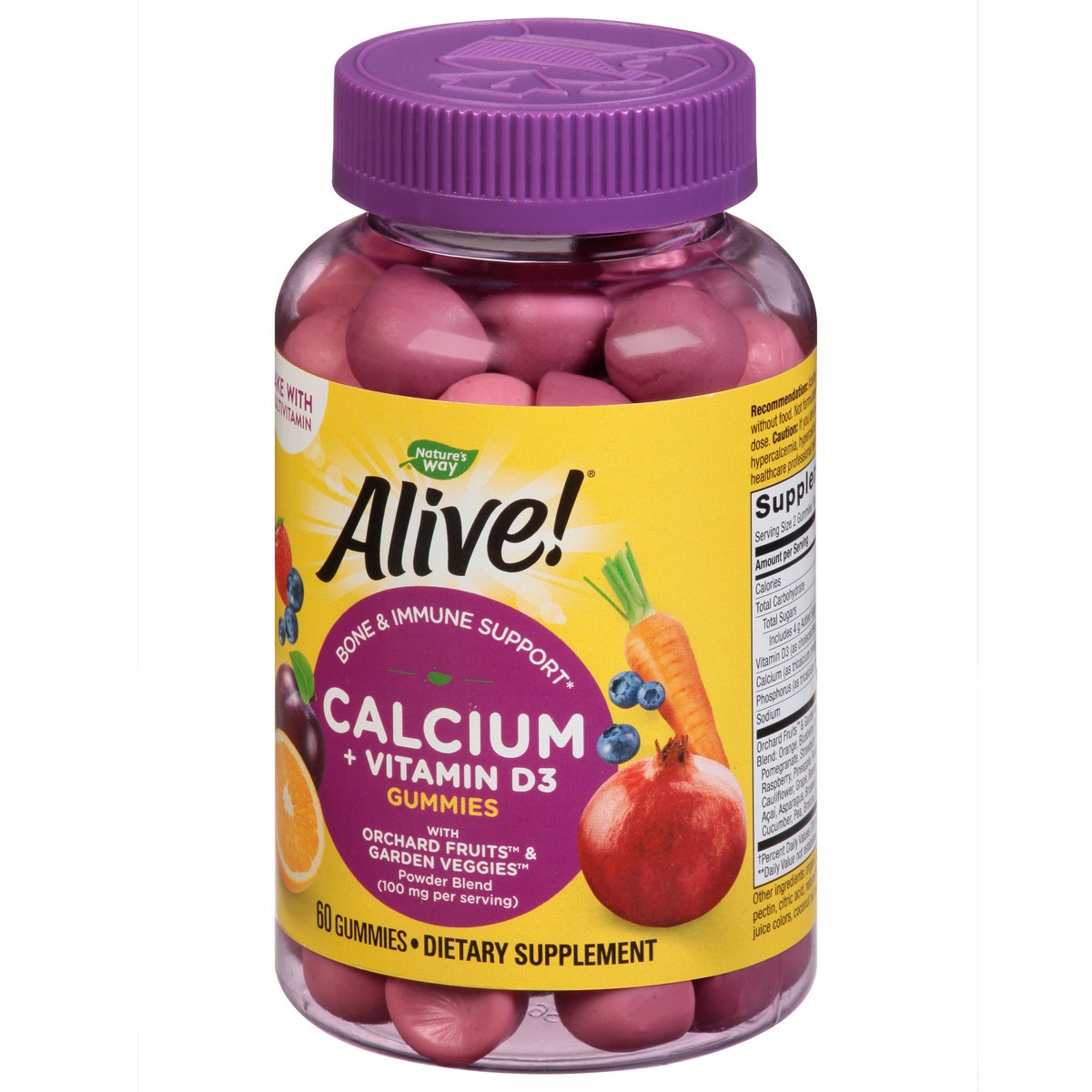 slide 8 of 9, Nature's Way Alive! Calcium & D3 Gummies, Bone Support*, Immune Support*, Vitamin D3, Strawberry and Raspberry-Lemonade Flavored, 60 Gummies, 60 ct