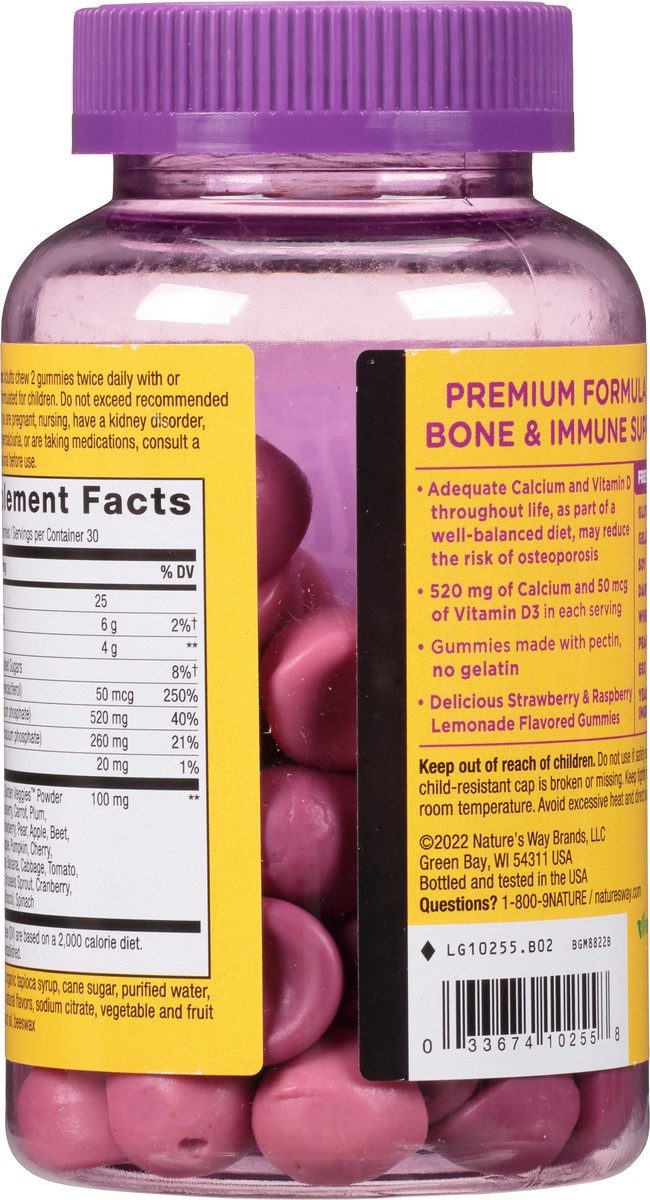 slide 5 of 9, Nature's Way Alive! Calcium & D3 Gummies, Bone Support*, Immune Support*, Vitamin D3, Strawberry and Raspberry-Lemonade Flavored, 60 Gummies, 60 ct