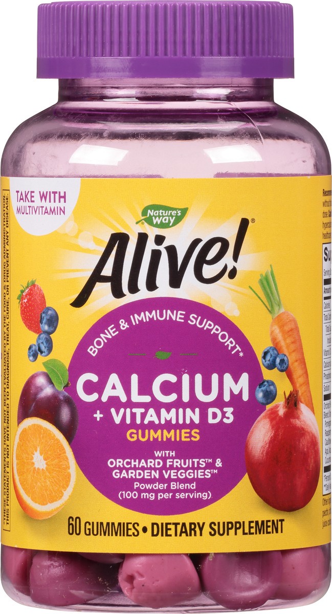 slide 2 of 9, Nature's Way Alive! Calcium & D3 Gummies, Bone Support*, Immune Support*, Vitamin D3, Strawberry and Raspberry-Lemonade Flavored, 60 Gummies, 60 ct