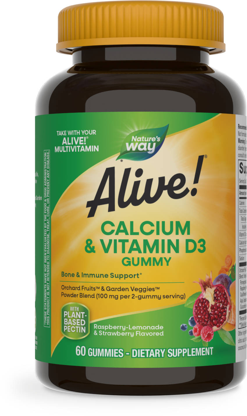 slide 1 of 9, Nature's Way Alive! Calcium & D3 Gummies, Bone Support*, Immune Support*, Vitamin D3, Strawberry and Raspberry-Lemonade Flavored, 60 Gummies, 60 ct