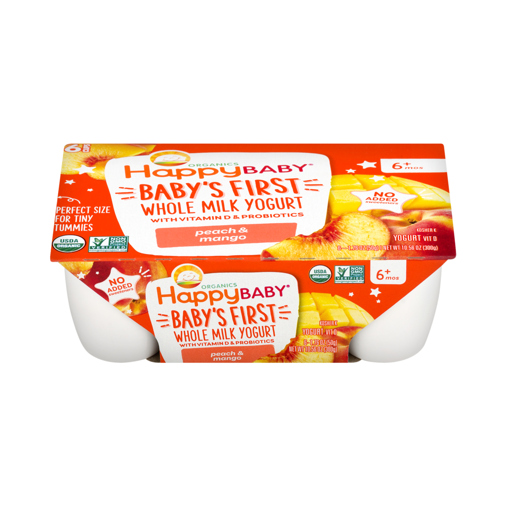 slide 1 of 1, Happy Baby Organics Baby's First Peach & Mango Whole Milk Yogurt 6-1.76 Oz. Cups, 6 ct; 1.76 oz