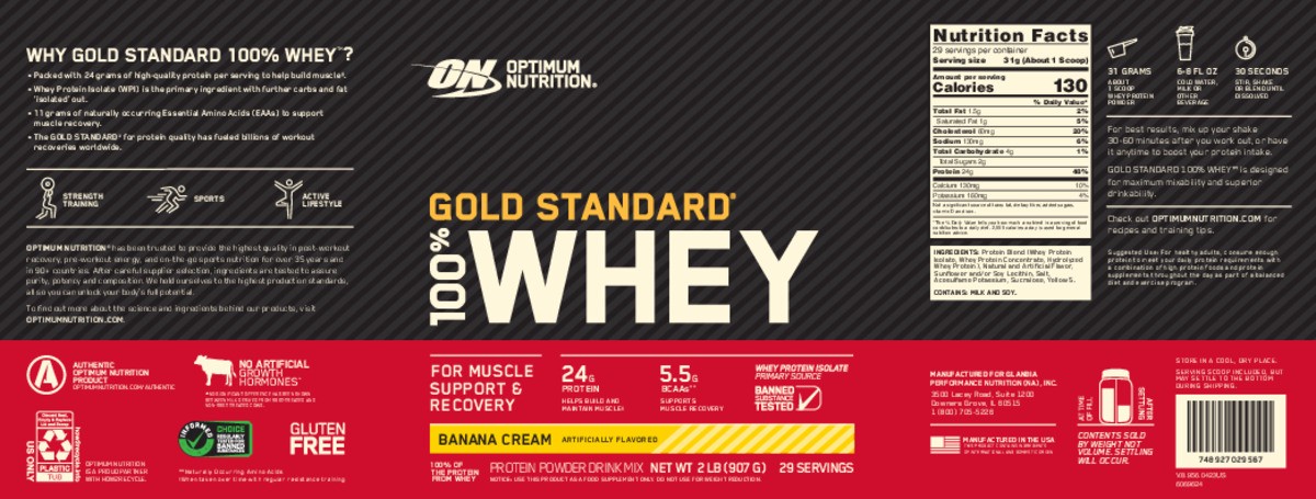 slide 4 of 6, Optimum Nutrition Gold Standard 100% Whey - Banana Cream, 2 lb