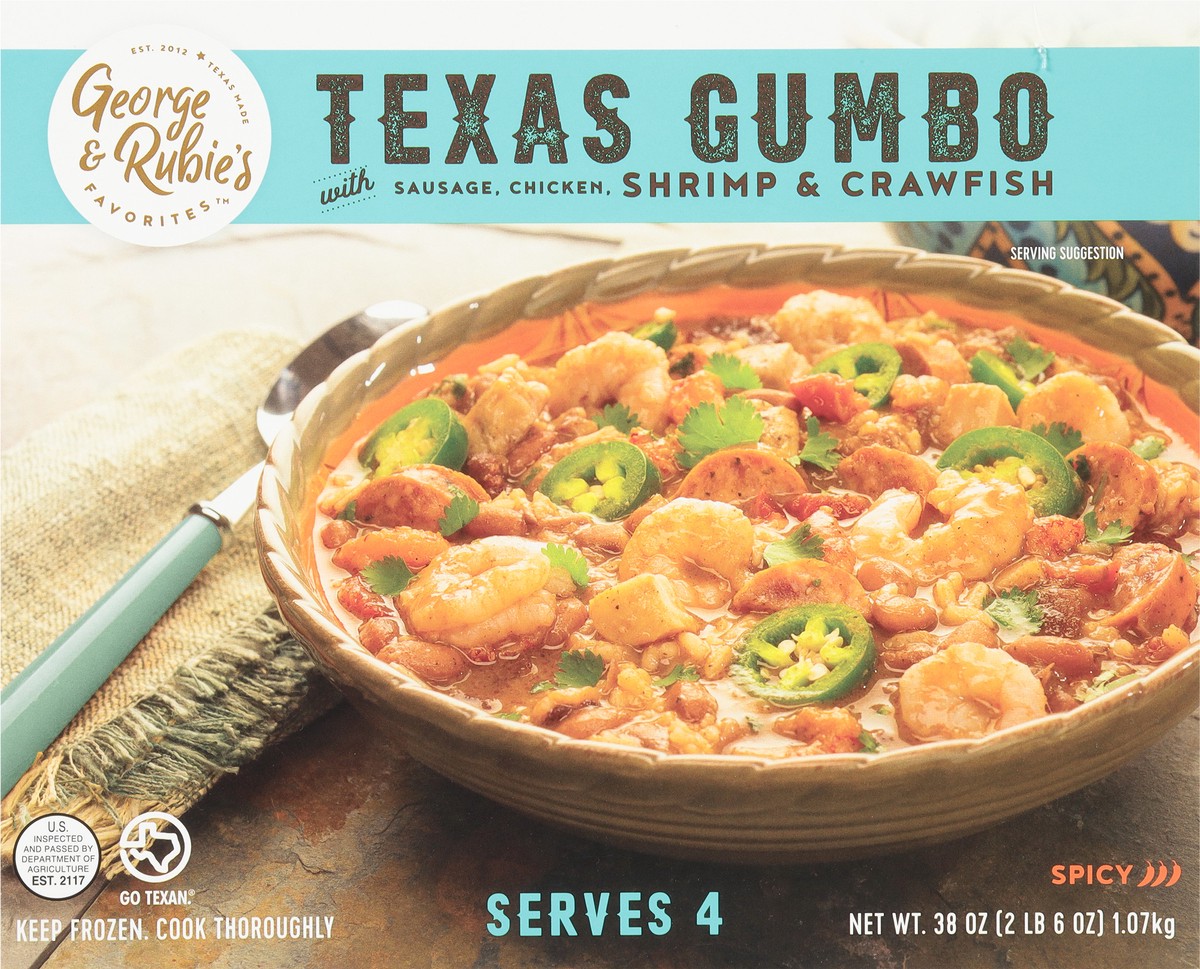 slide 10 of 11, George & Rubie's Favorites Spicy Texas Gumbo with Sausage, Chicken, Shrimp & Crawfish 1 38 oz, 38 oz