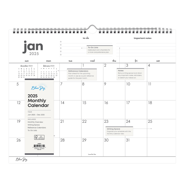slide 2 of 2, 2025 Blue Sky Monthly Wall Calendar, 15"" X 12"", To Do, January 2025 To December 2025, 1 ct