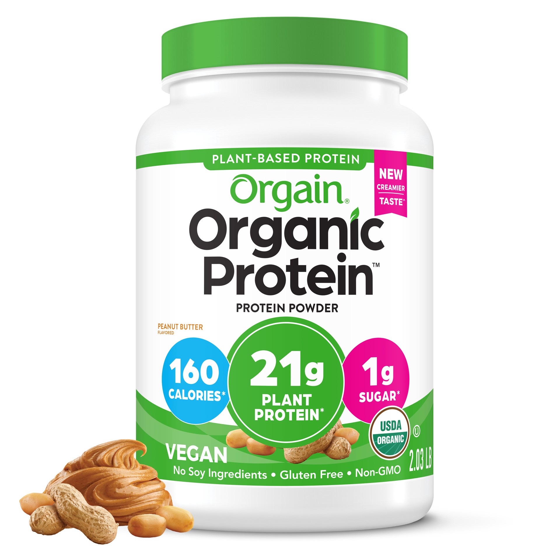 slide 1 of 6, Orgain Organic Vegan 21g Protein Powder, Plant Based Shake Drink, Peanut Butter 2.03lb, 2.03 lb