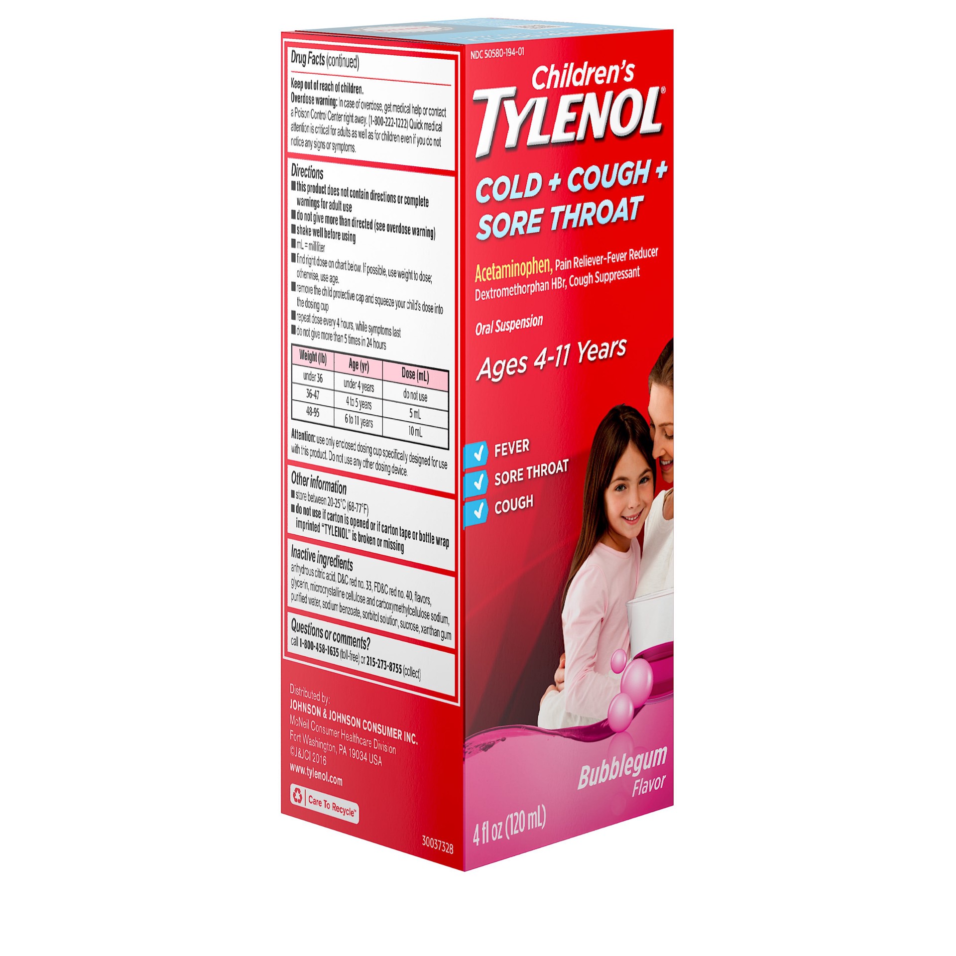 slide 2 of 7, Children's Tylenol Cold, Cough & Sore Throat Oral Suspension, Kids'' Liquid Medicine, Acetaminophen Pain Reliever & Fever Reducer & Dextromethorphan Cough Suppressant, Bubblegum, 4 fl. oz, 4 fl oz