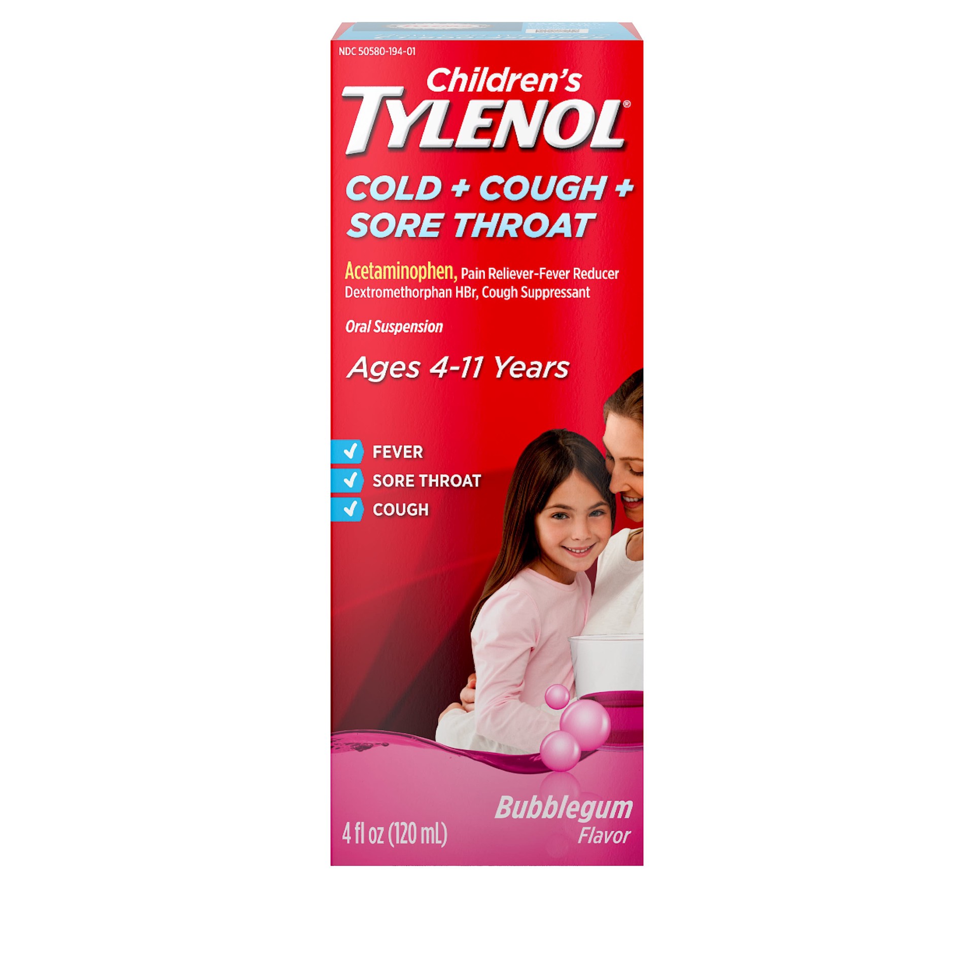 slide 3 of 7, Children's Tylenol Cold, Cough & Sore Throat Oral Suspension, Kids'' Liquid Medicine, Acetaminophen Pain Reliever & Fever Reducer & Dextromethorphan Cough Suppressant, Bubblegum, 4 fl. oz, 4 fl oz