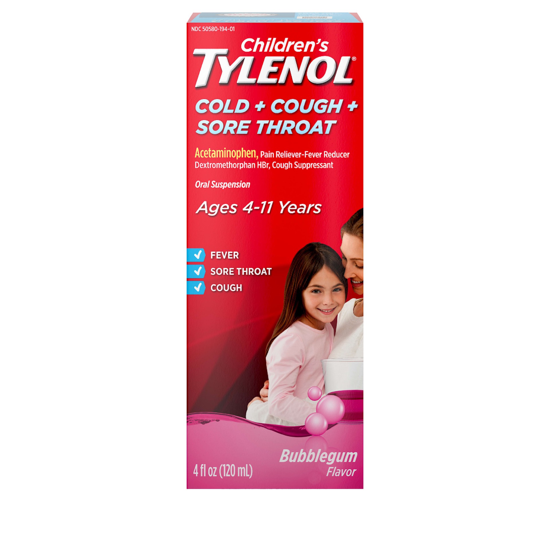 slide 1 of 7, Children's Tylenol Cold, Cough & Sore Throat Oral Suspension, Kids'' Liquid Medicine, Acetaminophen Pain Reliever & Fever Reducer & Dextromethorphan Cough Suppressant, Bubblegum, 4 fl. oz, 4 fl oz