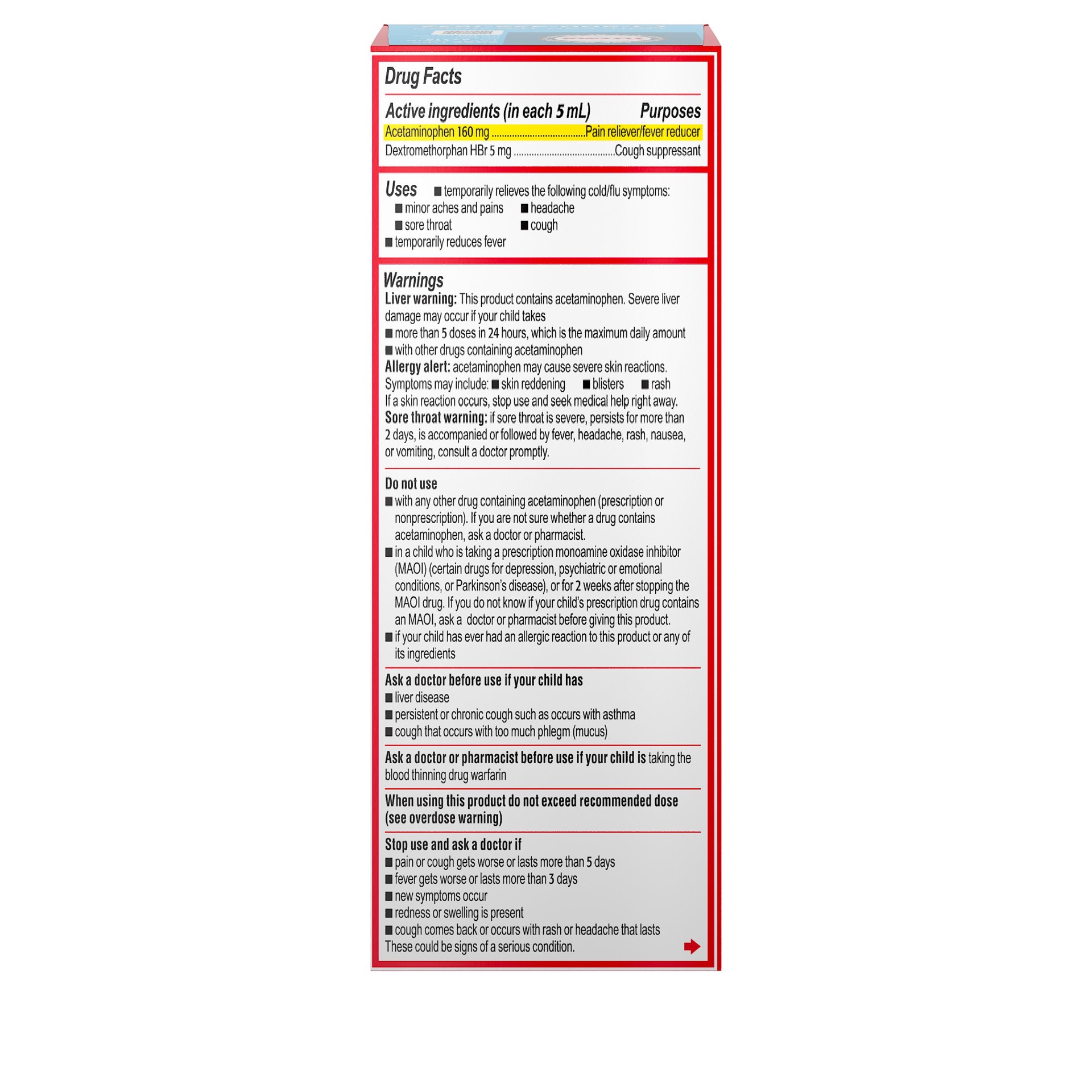 slide 6 of 7, Children's Tylenol Cold, Cough & Sore Throat Oral Suspension, Kids'' Liquid Medicine, Acetaminophen Pain Reliever & Fever Reducer & Dextromethorphan Cough Suppressant, Bubblegum, 4 fl. oz, 4 fl oz