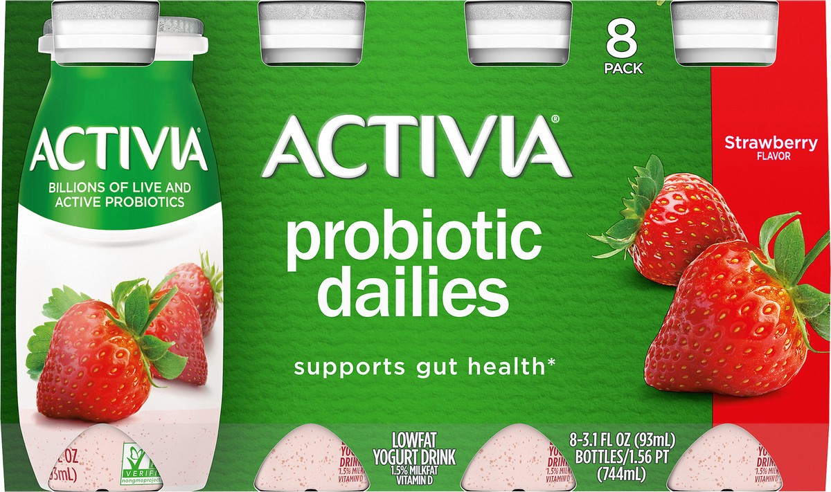 slide 4 of 11, Activia Probiotic Dailies Strawberry Lowfat Yogurt Drinks, Delicious Daily Probiotic Yogurt Smoothie Drinks to Help Support Gut Health, 8 Ct, 3.1 FL OZ, 8 ct; 3.1 fl oz