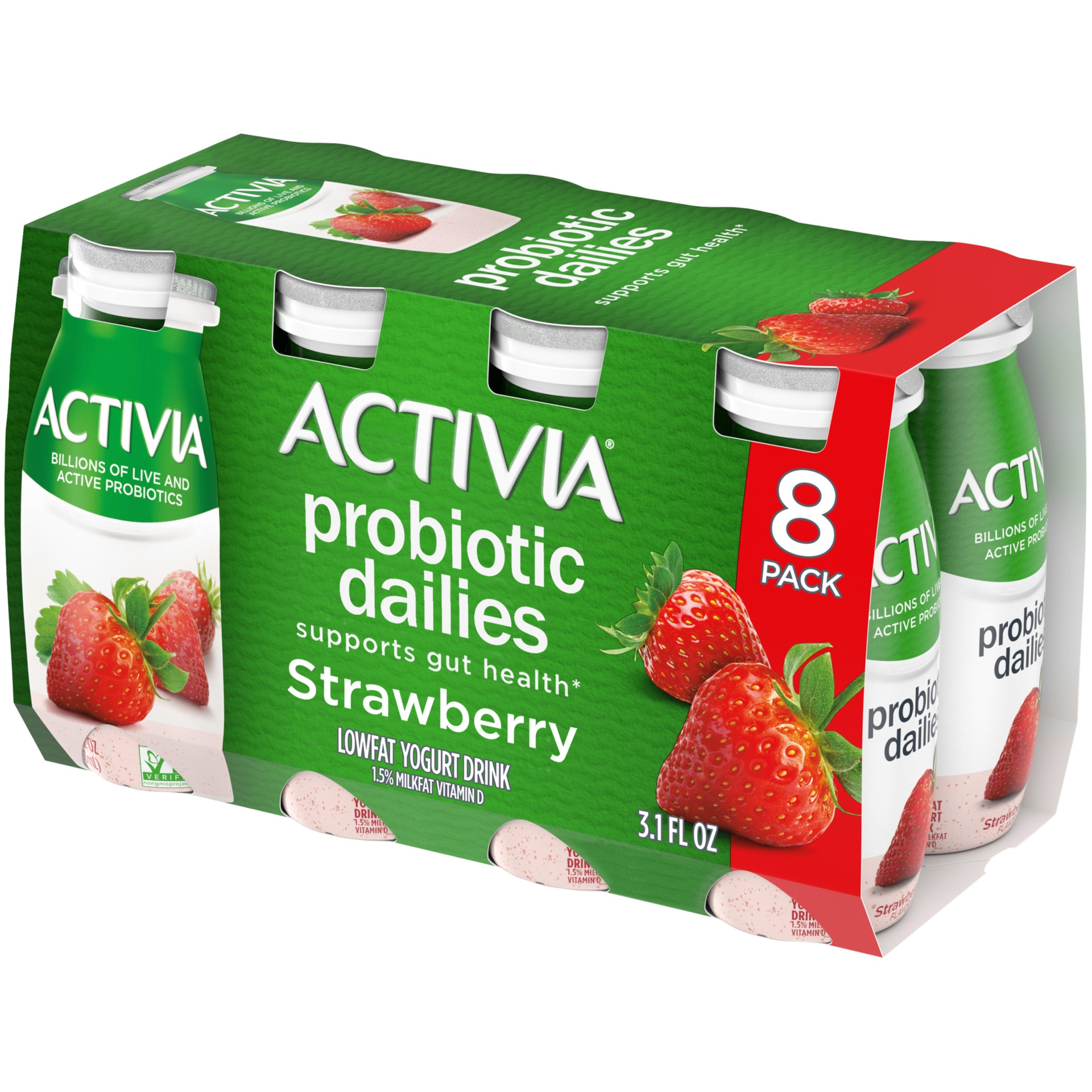 slide 1 of 8, Activia Probiotic Dailies Yogurt Strawberry Yogurt Drink, 8 ct; 3.1 fl oz