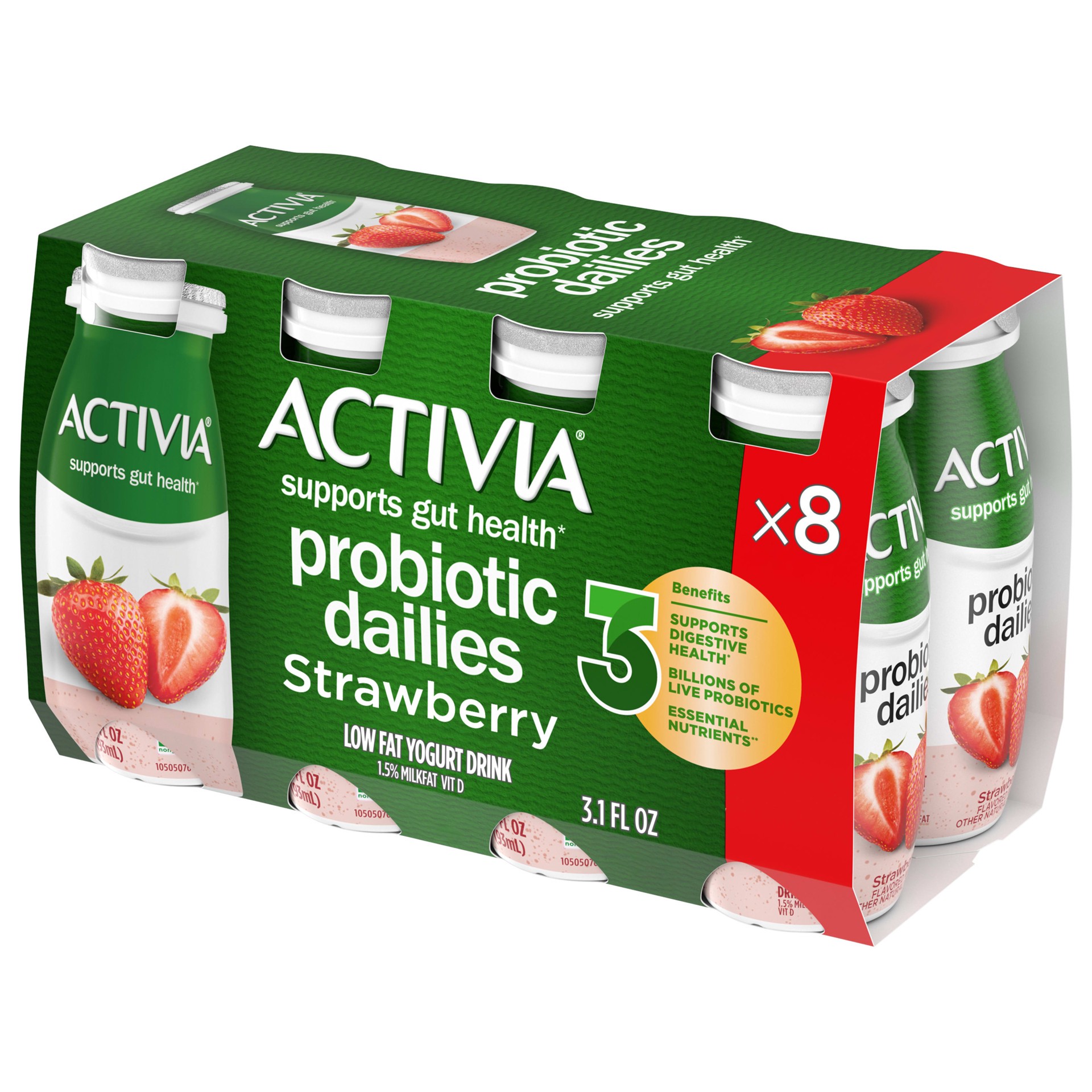 slide 1 of 11, Activia Probiotic Dailies Strawberry Lowfat Yogurt Drinks, Delicious Daily Probiotic Yogurt Smoothie Drinks to Help Support Gut Health, 8 Ct, 3.1 FL OZ, 8 ct; 3.1 fl oz