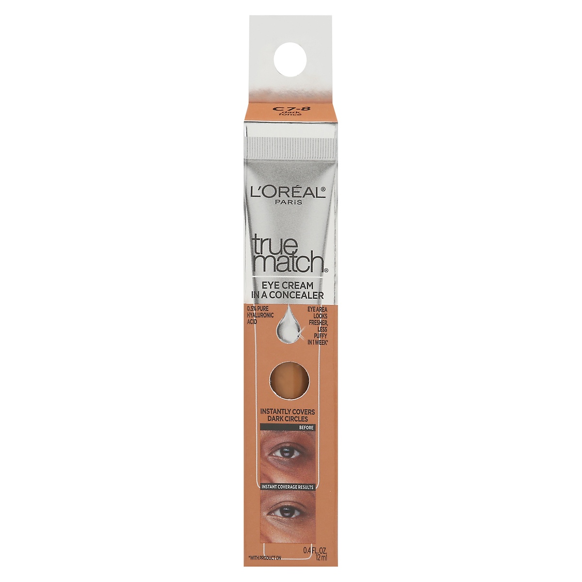 slide 1 of 1, L'Oréal True Match Eye Cream In A Concealer With Hyaluronic Acid, Dark C7-8, 0.4 oz