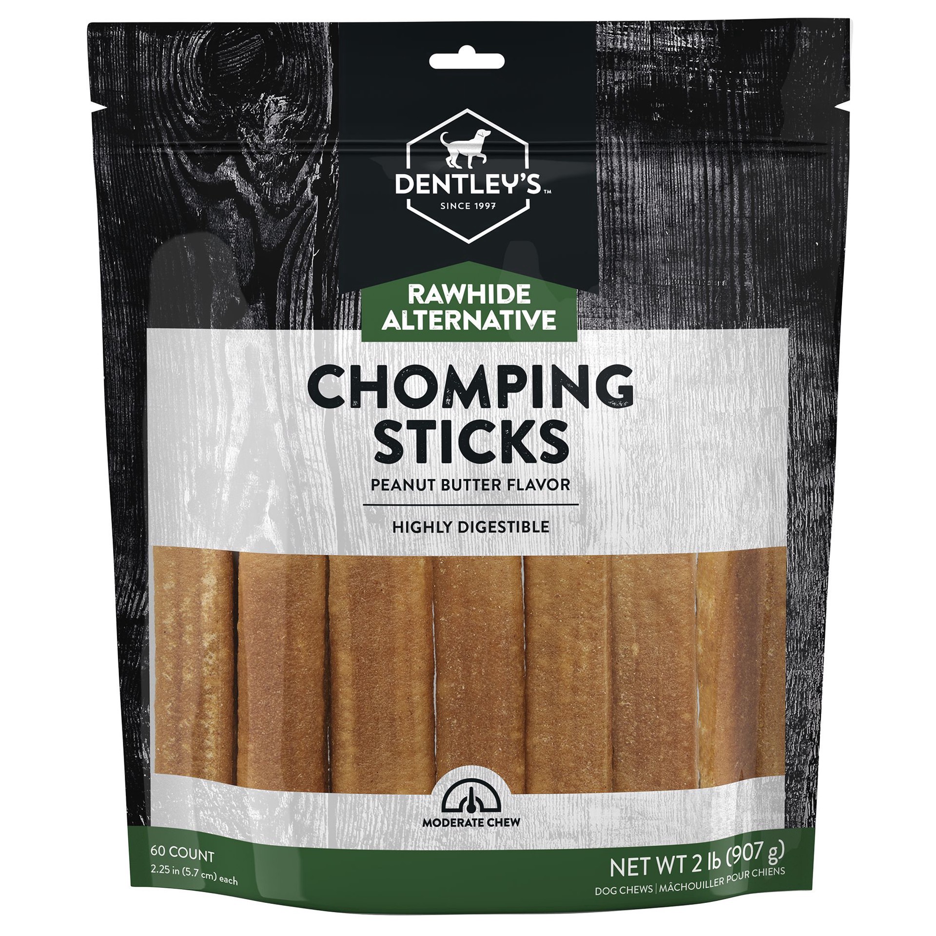 slide 1 of 1, Dentley's Rawhide Alternative Peanut Butter Chomping Sticks 2.2 Inch 60 Count 2 LB, 1 ct