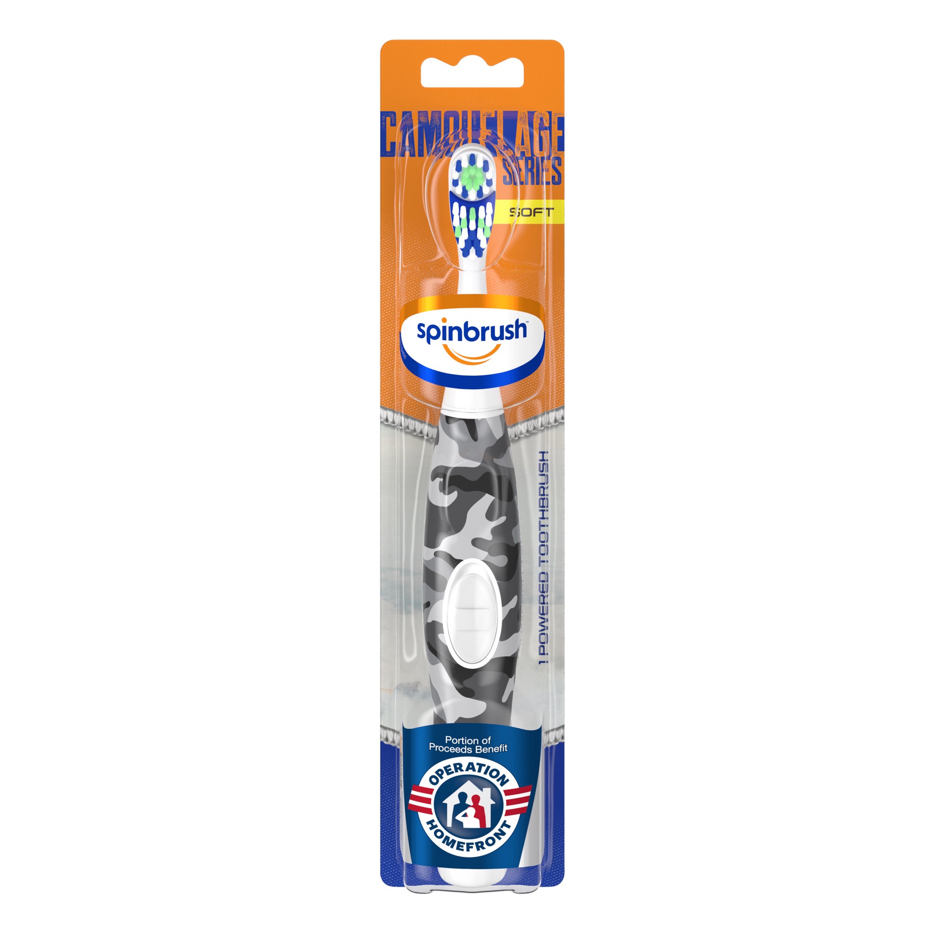 slide 2 of 4, Spinbrush Camouflage Series Spinbrush, Soft, Electric Battery Toothbrush, 1 ct, Color May Vary, 1 cnt