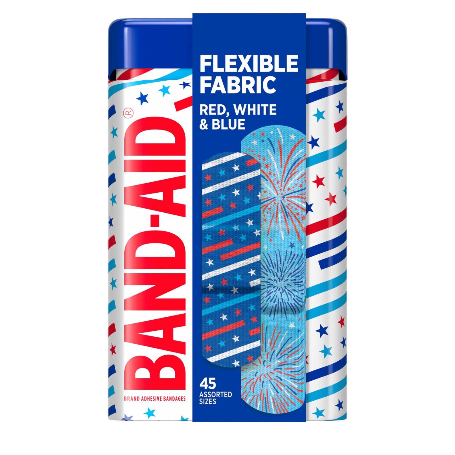 slide 1 of 7, BAND-AID Brand Flexible Fabric Red, White & Blue Bandages, 45 ct, 45 ct