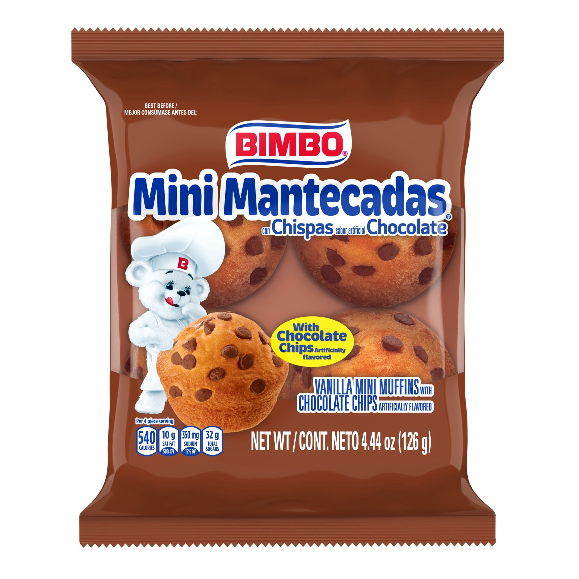 slide 3 of 5, Bimbo Mini Mantecadas Vanilla Muffins with Chocolate Chips, 4 count, Mini Muffins, 4.44 oz Bag - 4.44 oz, 4.44 oz