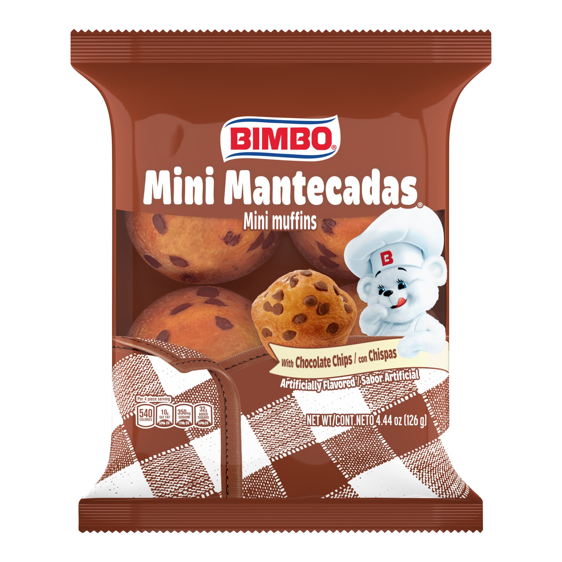 slide 1 of 5, Bimbo Mini Mantecadas Vanilla Muffins with Chocolate Chips, 4 count, Mini Muffins, 4.44 oz Bag - 4.44 oz, 4.44 oz