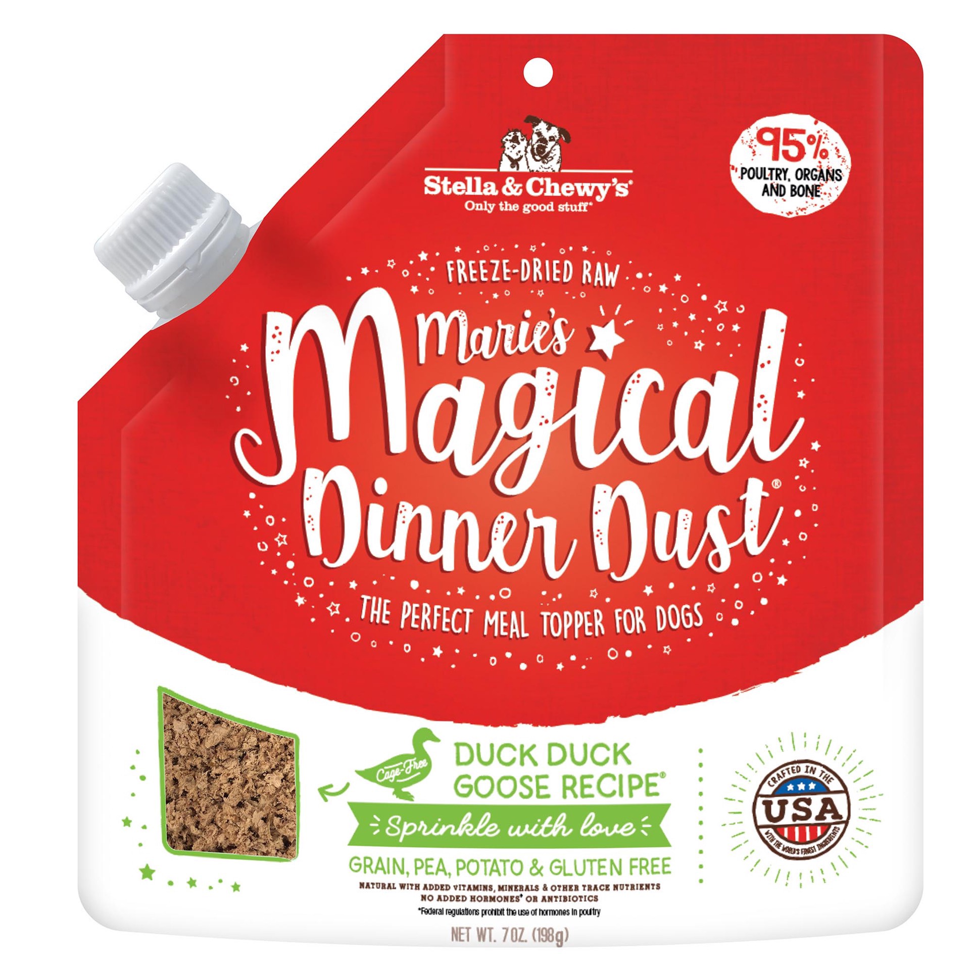 slide 1 of 1, Stella & Chewy's Freeze-Dried Raw Marie's Magical Dinner Dust High Protein Meal Duck Goose Recipe Dry Dog Food Topper, 7 oz., 1 ct