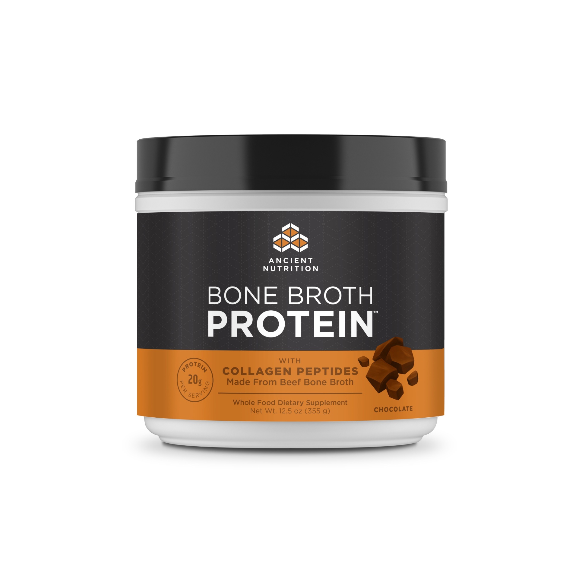 slide 1 of 3, Ancient Nutrition Chocolate Bone Broth Protein With Collagen Peptides, 12.5 oz