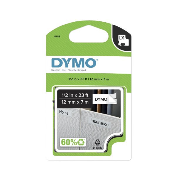 slide 1 of 2, DYMO Replacement Tape, D1, Standard Label, Black/White, 1 ct