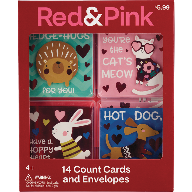slide 1 of 1, RED AND PINK Animal Embellished Val Cards, 1 ct