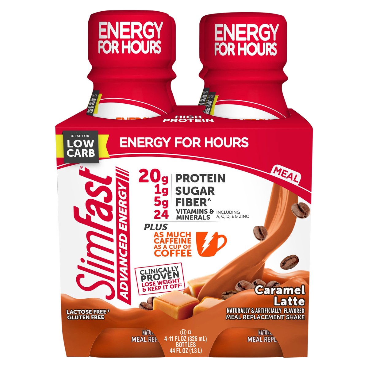 slide 1 of 7, SlimFast Advanced Energy Caramel Latte Meal Replacement Shake Pantry Friendly - 4 ct, 4 ct