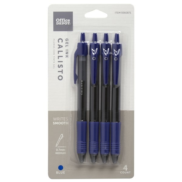 slide 1 of 2, Office Depot Callisto Retractable Gel Ink Pens, Medium Point, Blue Barrel, Blue Ink, 4 ct; 0.7 mm