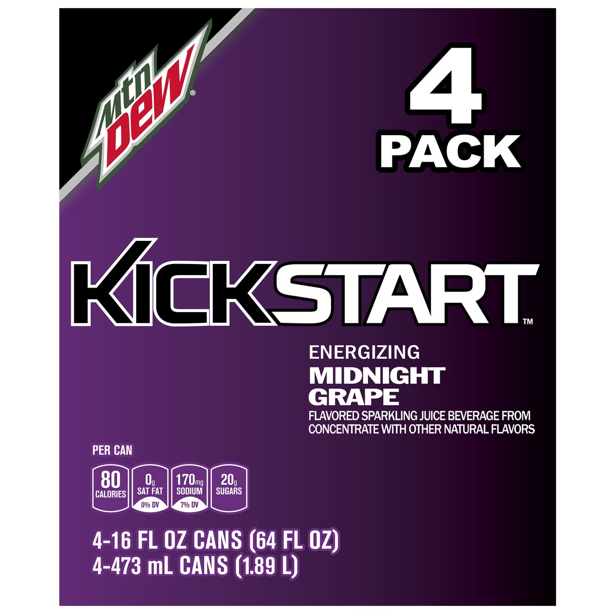slide 1 of 1, Mountain Dew Kickstart Energizing Midnight Grape Sparkling Juice Drink, 4 ct; 16 fl oz