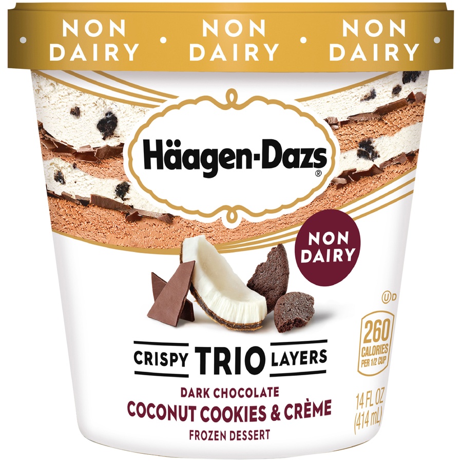 slide 2 of 7, Häagen-Dazs Non-Dairy Crispy Trio Layers Dark Chocolate Coconut Cookies & Creme Frozen Dessert, 14 fl oz