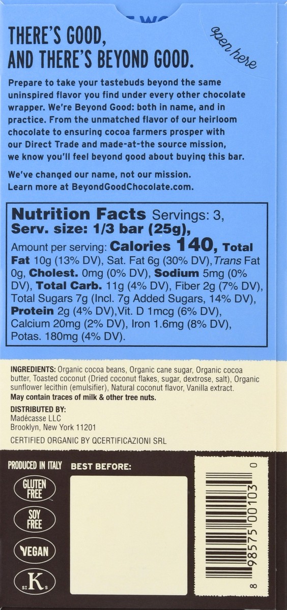 slide 12 of 13, Beyond Good 70% Cocoa Madagascar Heirloom Toasted Coconut Chocolate 2.64 oz, 2.64 oz