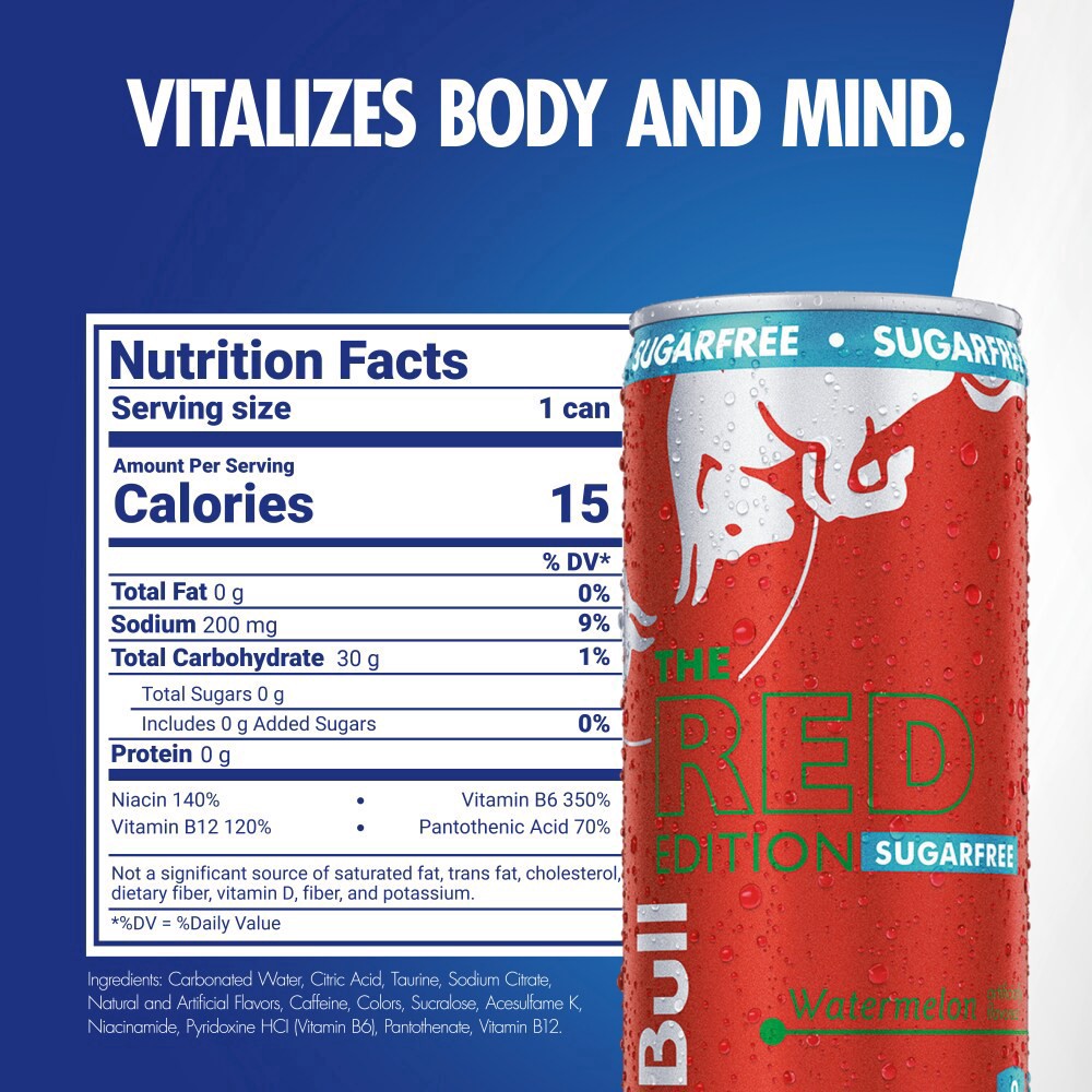 slide 8 of 10, Red Bull Sugar Free Energy Drink, Watermelon, 114mg Caffeine, 12 fl oz, Pack of 4 Cans, 4 ct; 12 oz