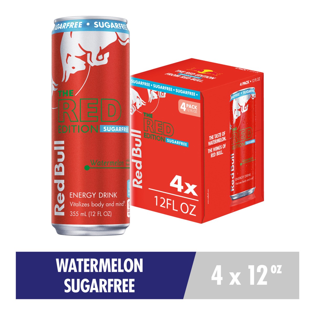 slide 1 of 10, Red Bull Sugar Free Energy Drink, Watermelon, 114mg Caffeine, 12 fl oz, Pack of 4 Cans, 4 ct; 12 oz